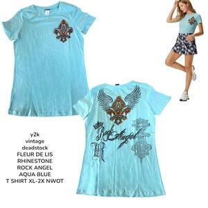 Y2K VINTAGE RHINESTONE CRYSTAL FLEUR DE LIS ROCK ANGEL TEAL AQUA T SHIRT XL-2X